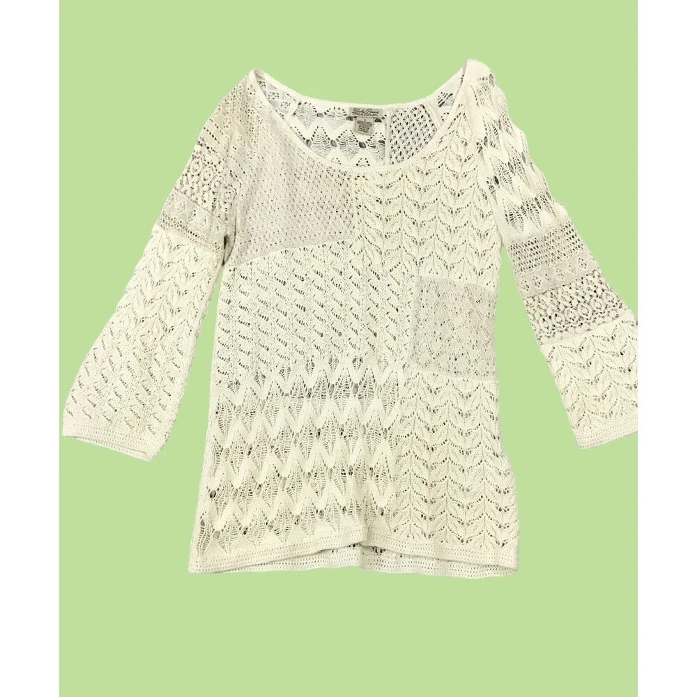 Lucky Brand Women's S‎ Small Lace Crochet Top Bell Sleeve Cream Boho Romantic